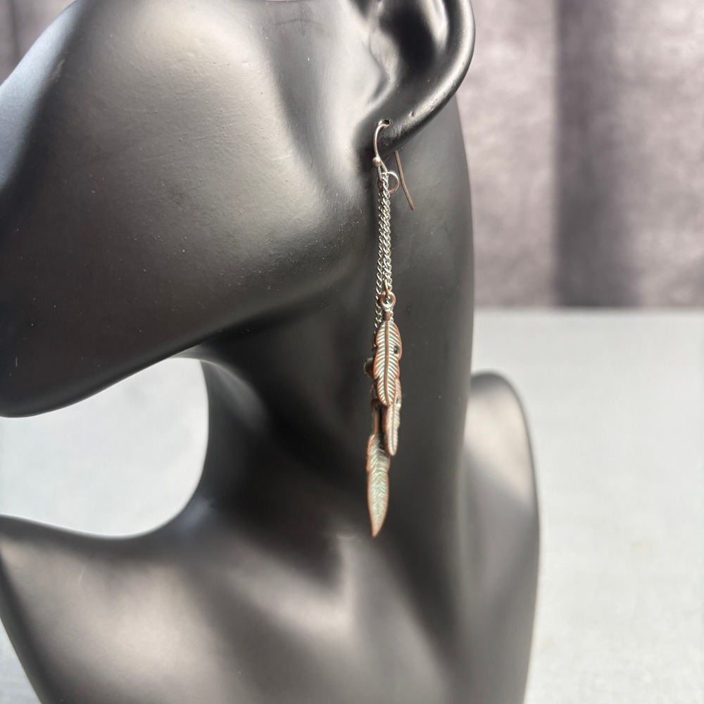 Boho Copper Tone Feather Dangle Earrings Long Chain Tassel‎ Western Statement